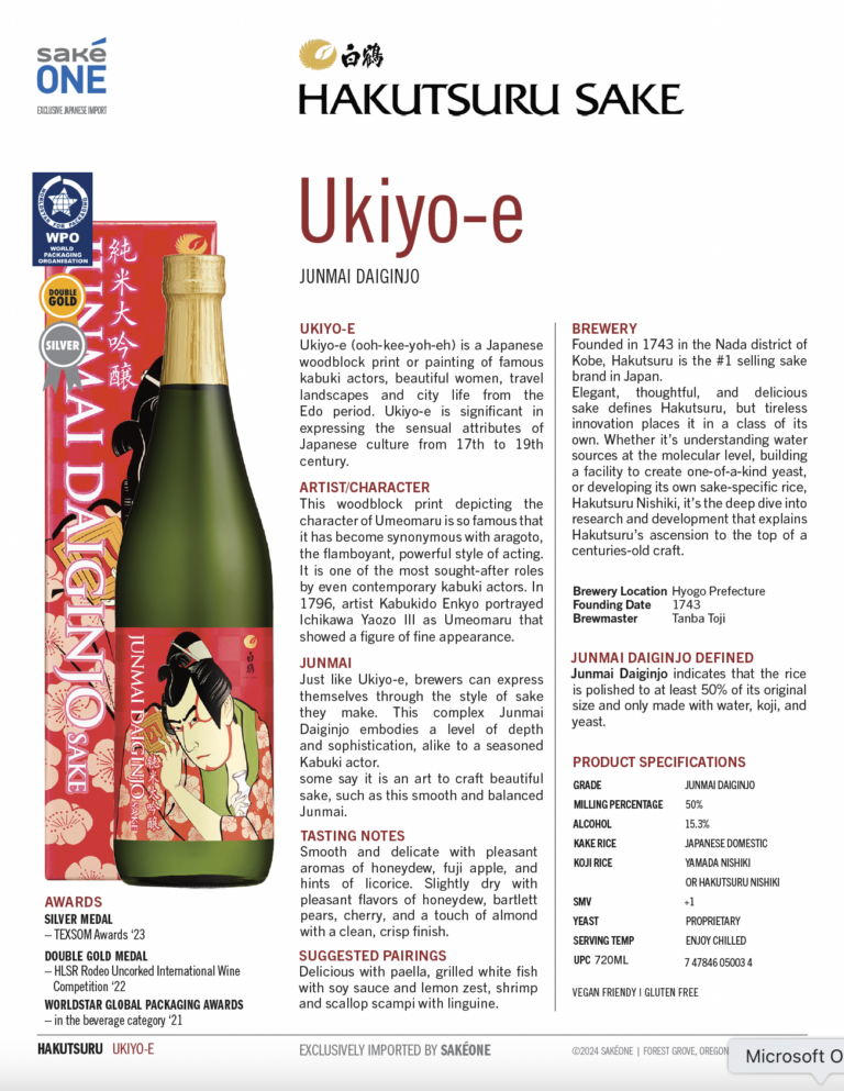 Hakutsuru Ukiyo-e Junmai Daiginjo Tech Sheet